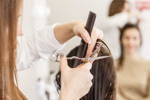 Hairdresser cutting hair photo