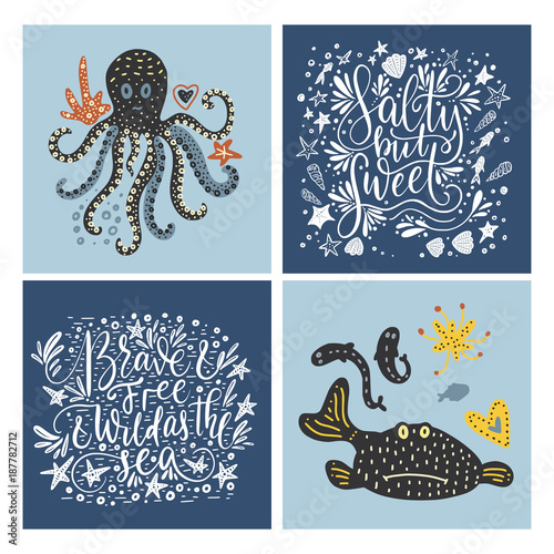 Vector sea cards set with handdrawn sea animals and ornate lettering pieces.