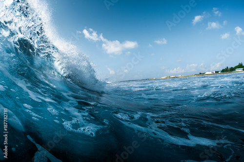 Ocean wave breaking on the shore. Surfspot named Jailbreak  Maldives