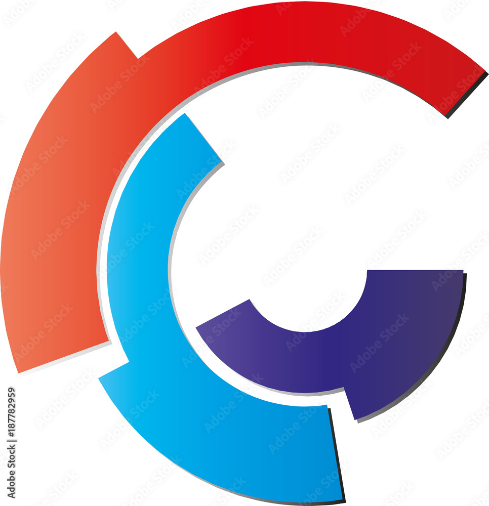 Logo mit drei Segmenten in rot, blau und lila Logo mit drei Segmenten in rot, blau und lila