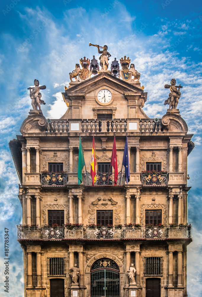 City Hall, Pamplona (Iruña), where the running of the bulls during the San Fermin festival is kicked off, Pamplona (Iruña), the historical capital of Navarre, Spain. 