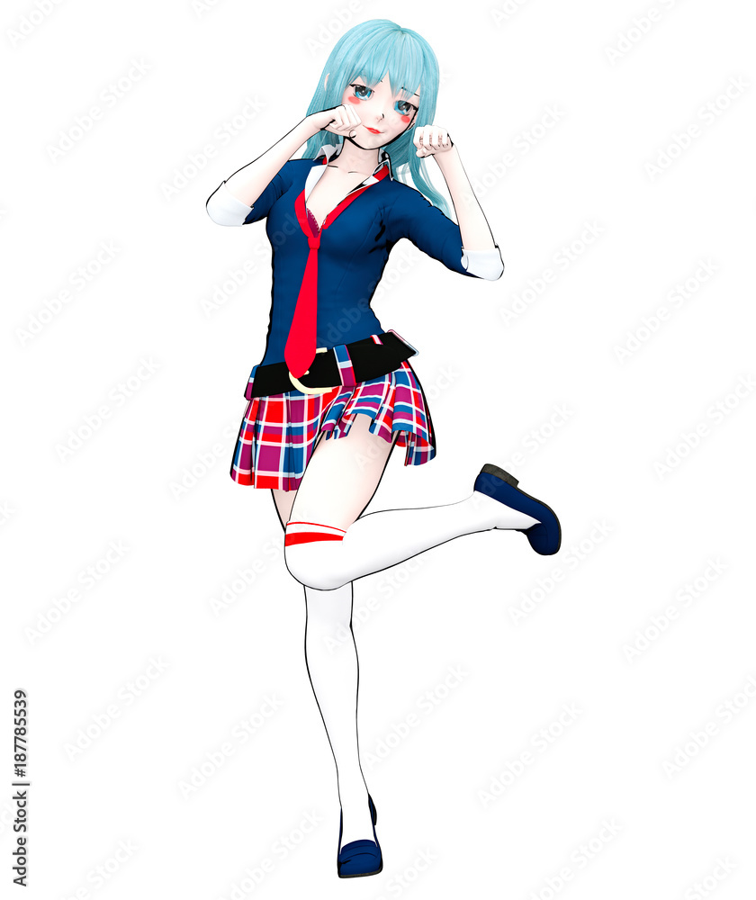 Wall stickers 3D sexy anime doll japanese anime schoolgirl big blue eyes  and bright makeup. Skirt cage. Cartoon, comics, sketch, drawing, manga  illustration. Conceptual fashion art. Seductive candid pose. -  