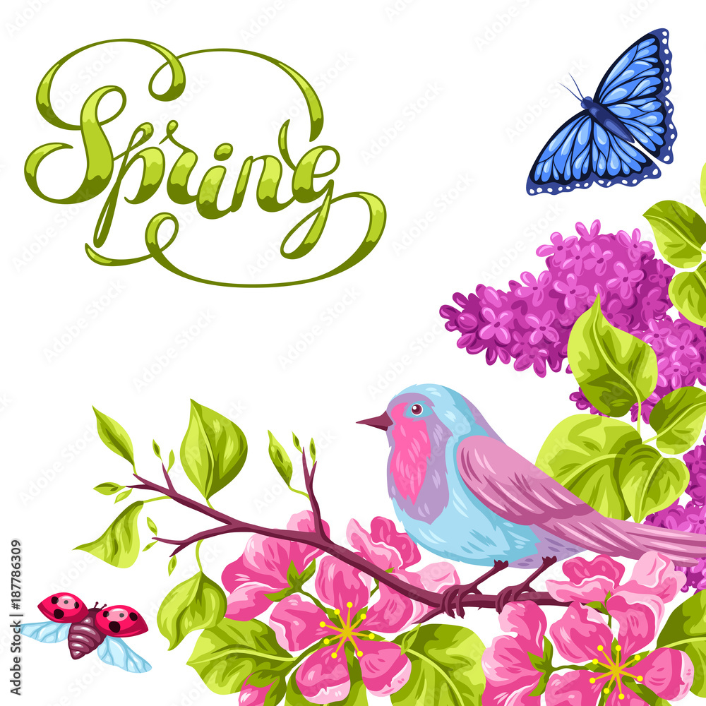 Spring garden background or greeting card. Natural illustration with blossom flower, robin birdie and butterfly