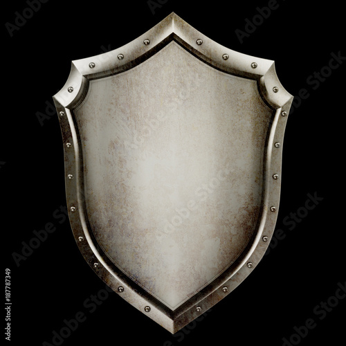 Antique rusty shield on black background.