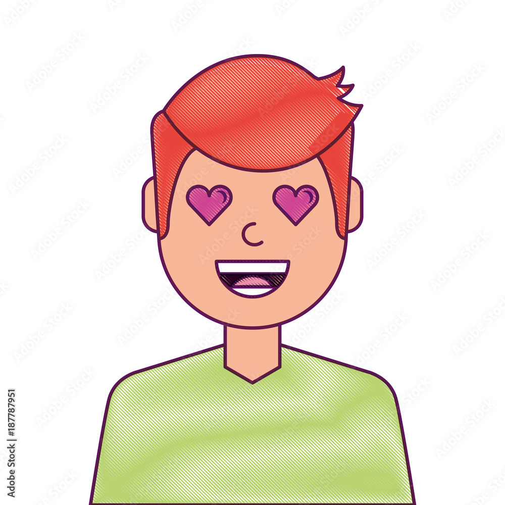 man character in love emotion with hearts as eyes vector illustration