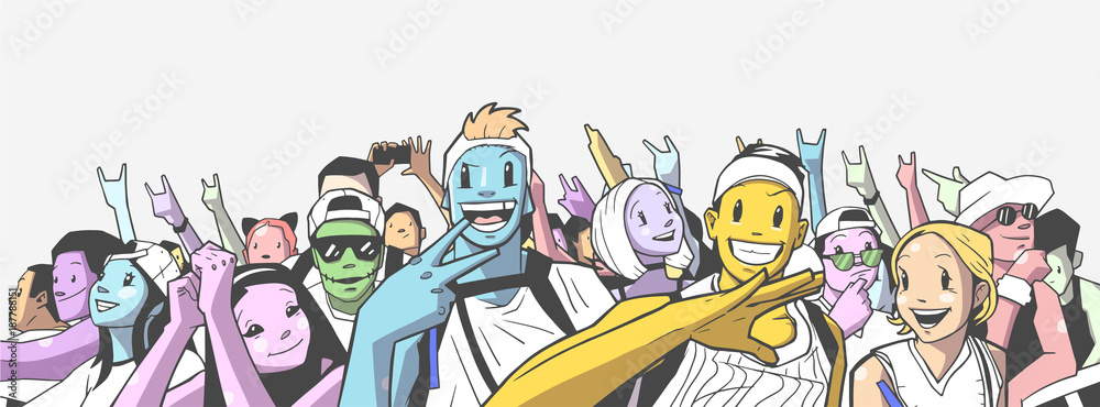 Stylized cartoon illustration of party crowd going crazy at concert in color
