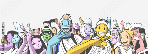 Stylized cartoon illustration of party crowd going crazy at concert in color