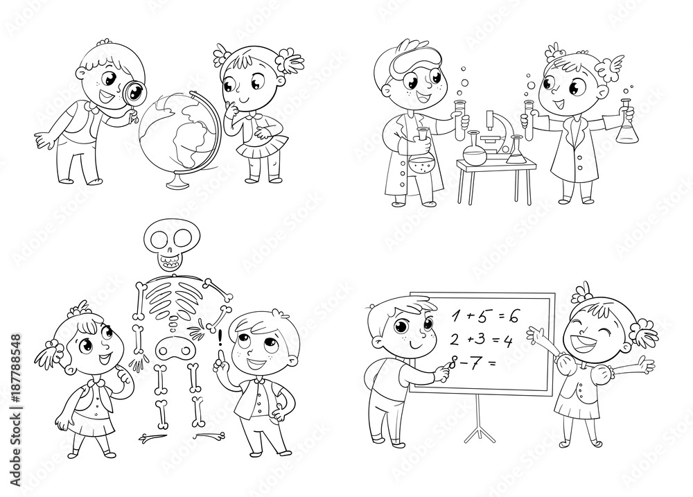 Children in the lesson of geography, chemistry, mathematics and biology Children in the lesson of geography, chemistry, mathematics and biology