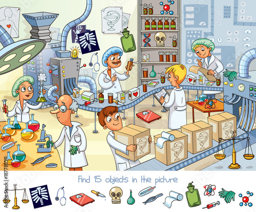 Pharmaceutical factory. Find 15 objects in the picture
