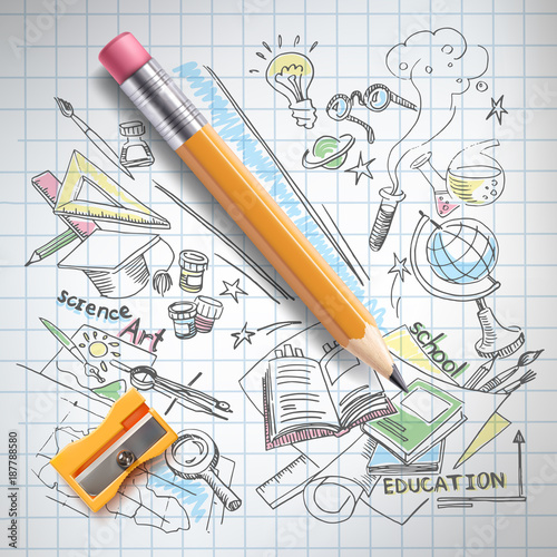 Vector realistic pencil, sharpener on notebook paper with colored sketch creative education, science, school hand drawn doodles symbols. Concept of idea, study, research and development illustration