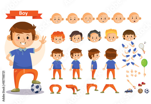 Boy playing sport and toys cartoon character vector constructor isolated icons of body parts  hair and emotions or uniform garments and playthings. Construction set of young boy child playing soccer