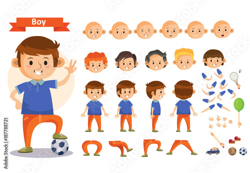 Boy playing sport and toys cartoon character vector constructor isolated icons of body parts, hair and emotions or uniform garments and playthings. Construction set of young boy child playing soccer