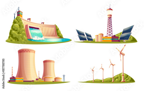 Vector cartoon energy stations - alternative, renewable traditional. Set of isolated illustrations, solar panel plant, hydroelectric power dam, windmill turbines, nuclear power reactors, cooling tower