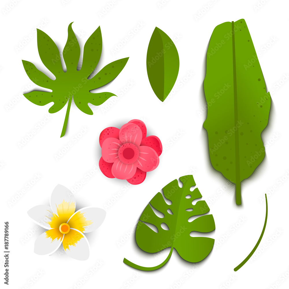 Exotic green tropical leaves and flowers in paper cut style.