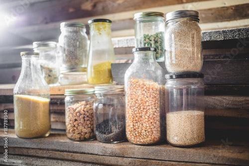 Glass Jars of Spices, Grains and Dry Food