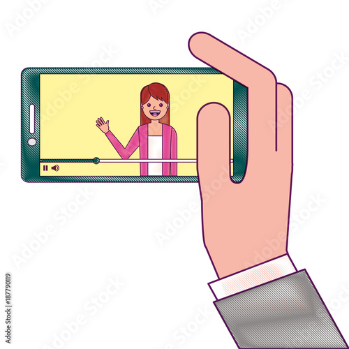 hand holding smartphone with video blogger on screen vector illustration