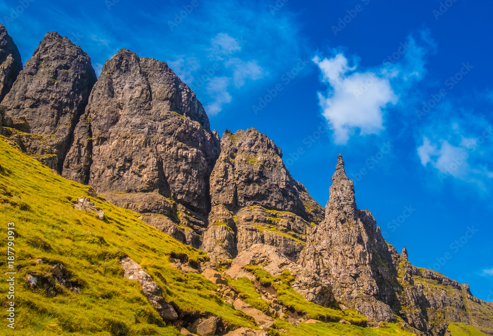 The Storr (An Stor), a rocky hill on the Trotternish peninsula, Sound of Raasay, Isle of Skye, Highlands of Scotland.