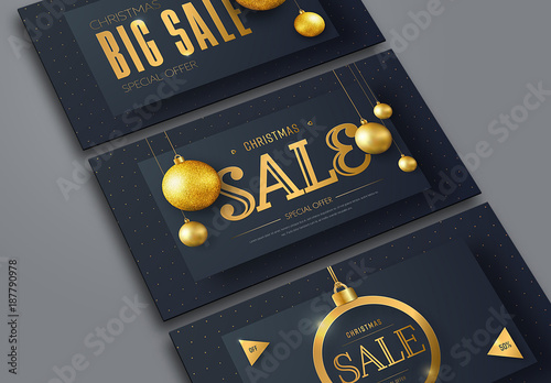 3 Christmas Web Banners with Gold Ornaments