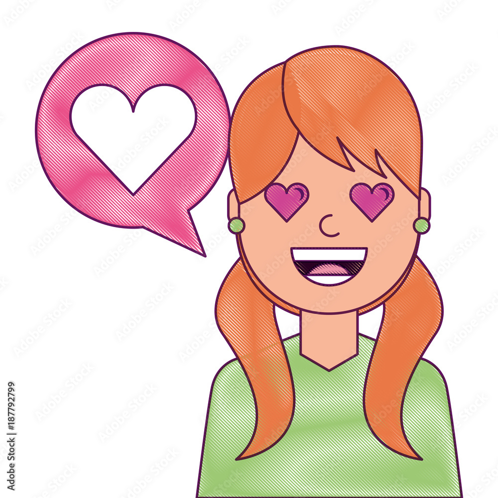 young woman with love heart in speech bubble vector illustration young woman with love heart in speech bubble vector illustration