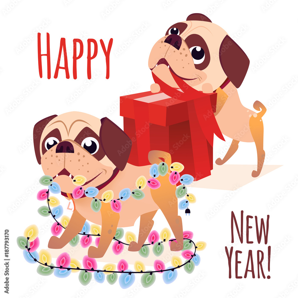 Merry christmass postcard. Happy New Year banner with dog. Cartoon dog with a gift. Vector Puppy character. Design for calendars or postcards or posters or banners or brochures.