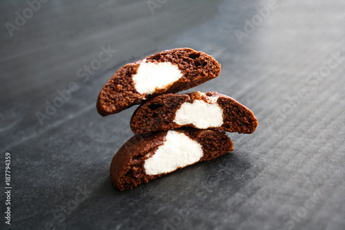 Tasty cookies with milk filling backgroung