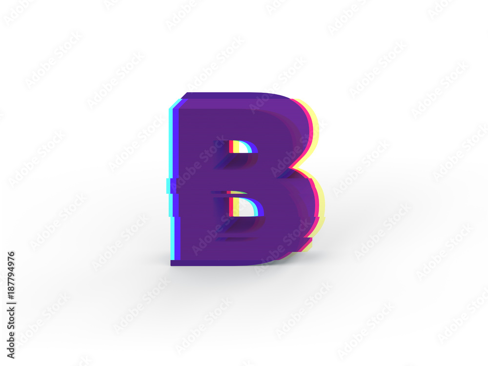 3D realistic glitch uppercase letter B with soft shadow isolated on white background - Path selection on file. 3D realistic glitch uppercase letter B with soft shadow isolated on white background - Path selection on file.
