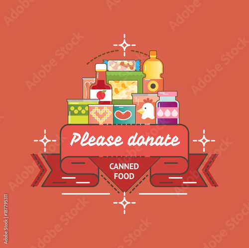 Food Drive canned food charity movement, vector badge logo illustration