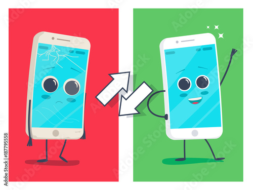 Old sad broken phone with cracks and scratches and new happy renovated smiling clear phone.Vector flat illustration