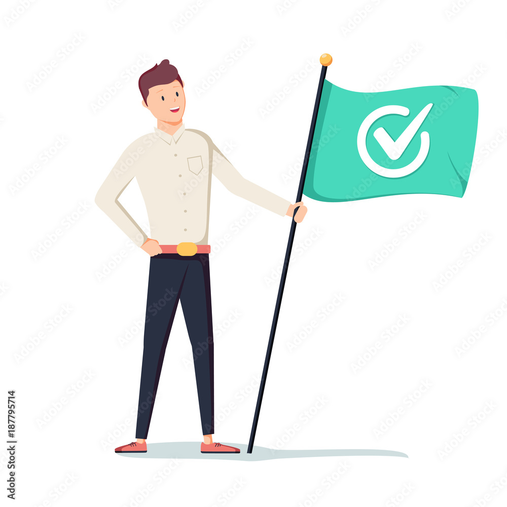 Fototapeta premium Businessman holding green flag with check mark. Business concept of success, goal, achievement and challenge.