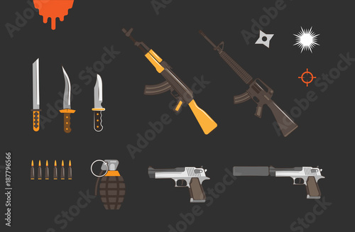 Guns collection, flat vector illustration game asset collection