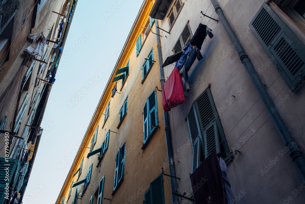 Clothes Drying Outside on a Line High Up on Building
