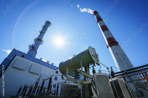 High voltage power transformer substation in the cogeneration plant