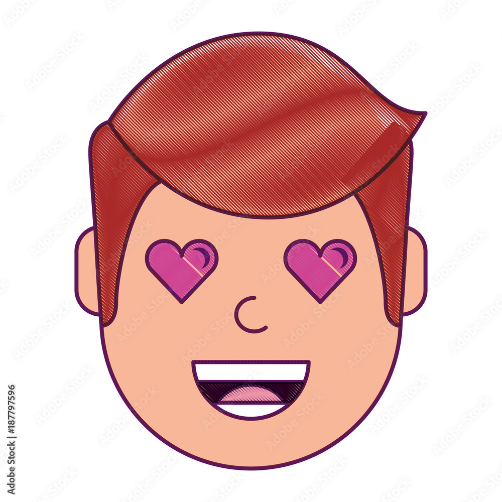 man character in love emotion with hearts as eyes vector illustration drawing design