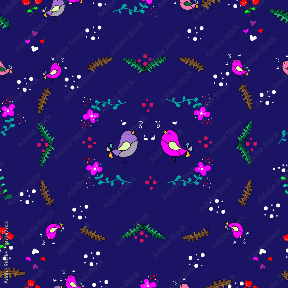 Cute Little Bird seamless pattern with flower on colorful background Vector illustration.Doodle Cartoon style Cute Little Bird seamless pattern with flower on colorful background Vector illustration.Doodle Cartoon style