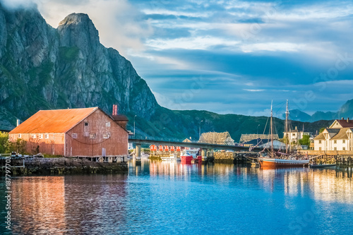 Old town of Svolvaer, Lofoten Islands, Nordland, Norway. Located north of the Arctic Circle. Natural beauty, distinctive scenery, dramatic mountains and peaks, fjords and picturesque villages.
