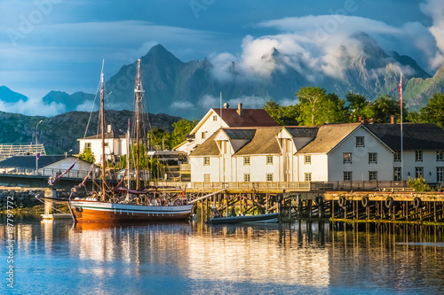 Old town of Svolvaer, Lofoten Islands, Nordland, Norway. Located north of the Arctic Circle. Natural beauty, distinctive scenery, dramatic mountains and peaks, fjords and picturesque villages. photo