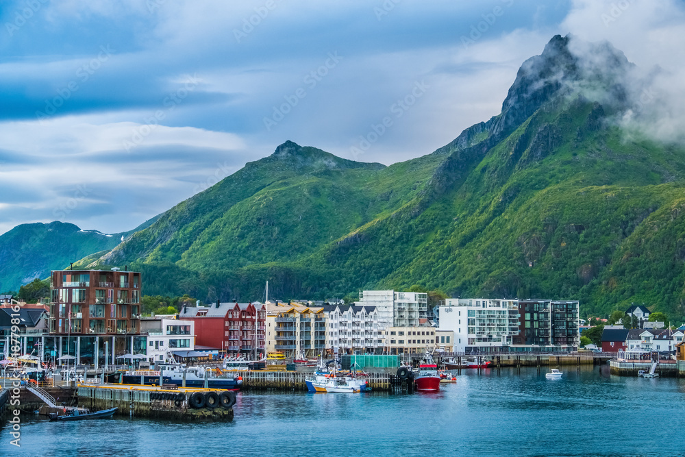Svolvaer harbor, Lofoten Islands, Nordland, Norway. Located north of the Arctic Circle. Natural beauty, distinctive scenery, dramatic mountains and peaks, fjords and picturesque villages.
