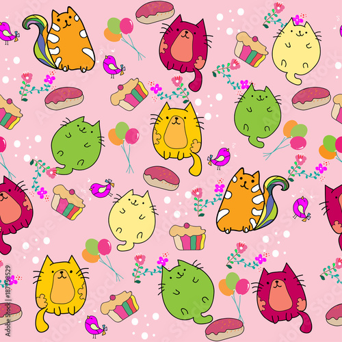 Cute Cat seamless pattern with Little Bird on colorful background Vector illustration.Doodle Cartoon style