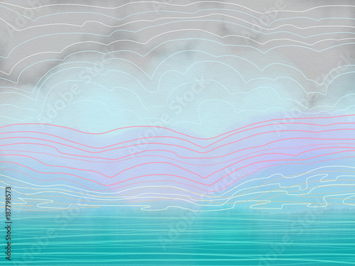 Fototapeta Naklejka Na Ścianę i Meble -  Colorful hand drawn ocean theme as blue waves of sea and blue sky on the blue and gray watercolor texture background. Cartoon blur illustration painted by paper chalk and watercolor, high quality