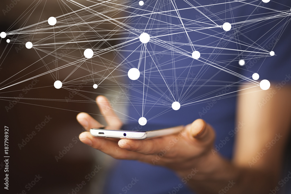 Businessman hand phone with digital data network in screen Businessman hand phone with digital data network in screen