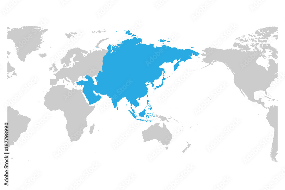 Asia continent blue marked in grey silhouette of World map. Centered on Asia. Simple flat vector illustration.