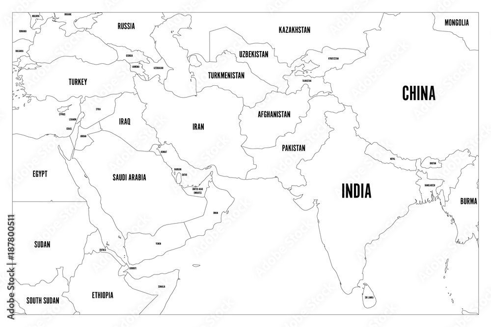 Political map of South Asia and Middle East countries. Simple flat vector outline map with country name labels.