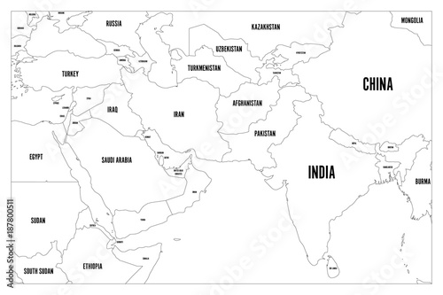 Political map of South Asia and Middle East countries. Simple flat vector outline map with country name labels.