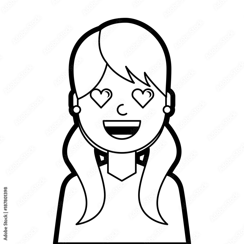 happy girl with her smiling face and heart shape eyes illustration line design