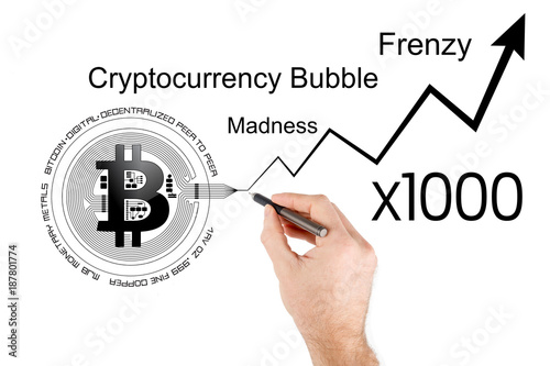 Conceptual illustration of Bitcoin price increase and cryptocurrency bubble