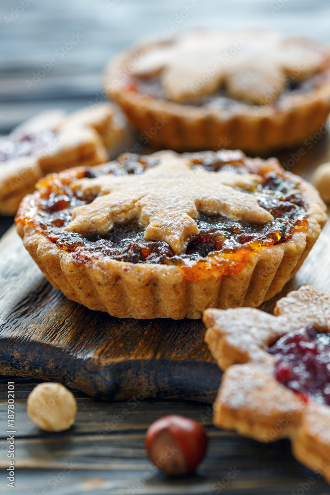 Tartlets with dried fruits, orange jam and nuts. Tartlets with dried fruits, orange jam and nuts.