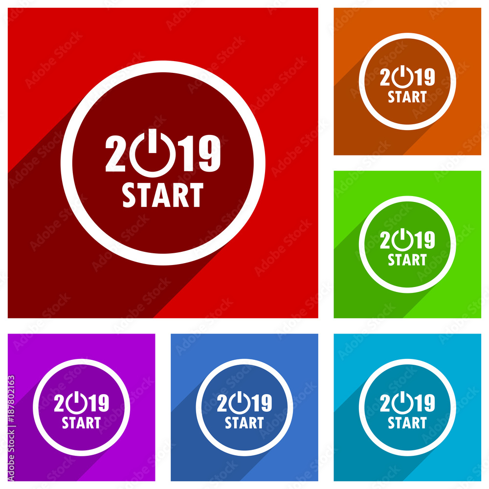 Fototapeta premium New year 2019 vector icons. Flat design colorful illustrations for web designers and mobile applications in eps 10