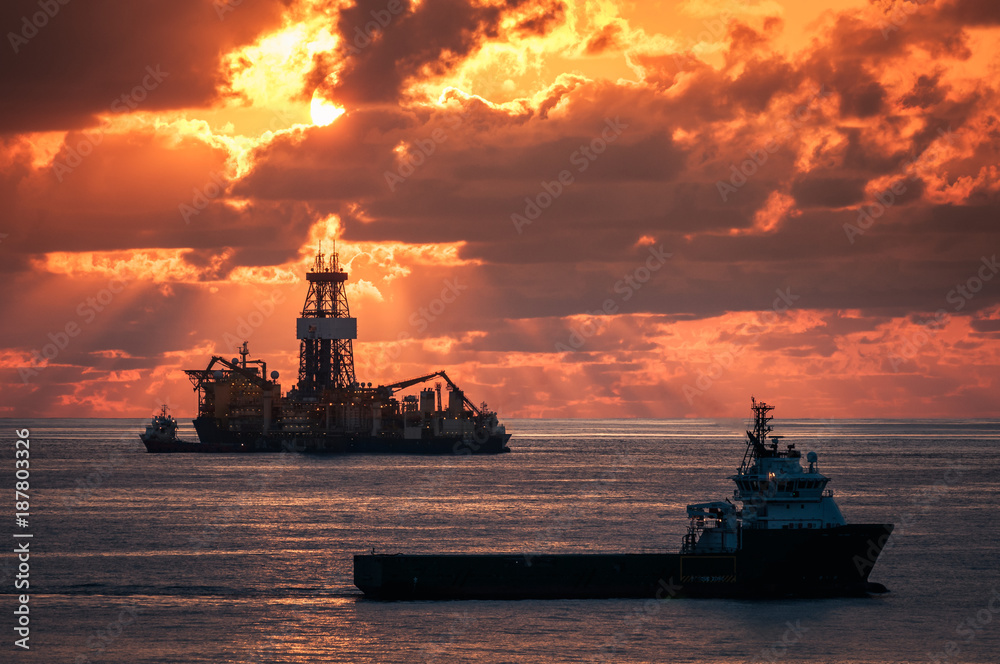 Ship rig and supply boats from the offshore oil industry, Angola Stock