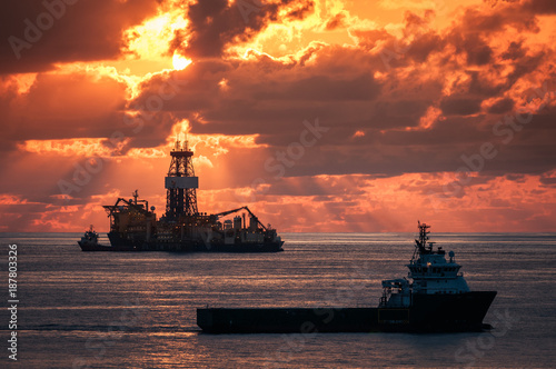 Ship rig and supply boats from the offshore oil industry, Angola