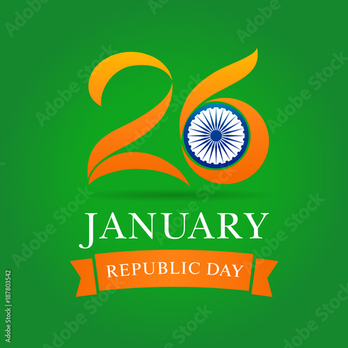 26 January illustration of Happy Indian Republic day celebration with card in national flag colors. Vector poster or banner background Indian Republic day 26 January for website header